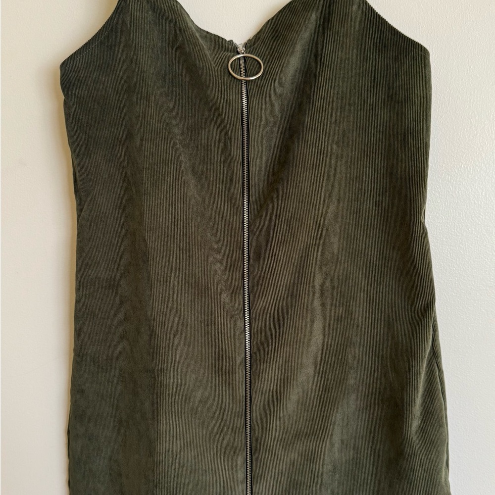 Olive Green Corduroy Dress with Zipper